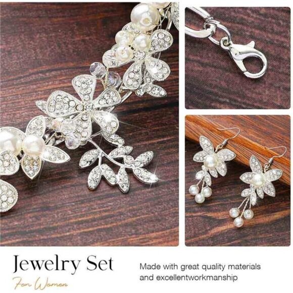 Crystal Flower Bridal Jewelry Set Rhinestone Necklace Earrings Sets Pearls - Picture 4 of 8